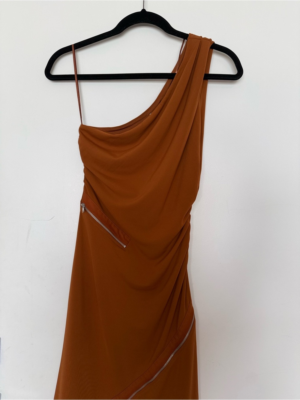 Zara Asymmetrical Brown One Shoulder Midi Dress with Zippers - Picture 6 of 8